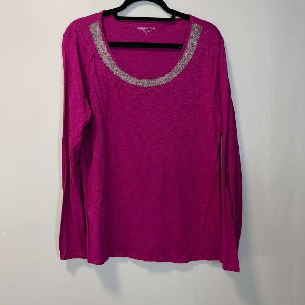 Coldwater Creek Magenta Beaded Scoop Neck Long Sleeve Top XL 16